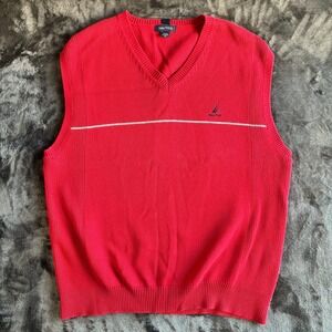 Nautica Mens XL Red 100% Cotton V-Neck Sweater Vest White Stripe Ribbed Knit